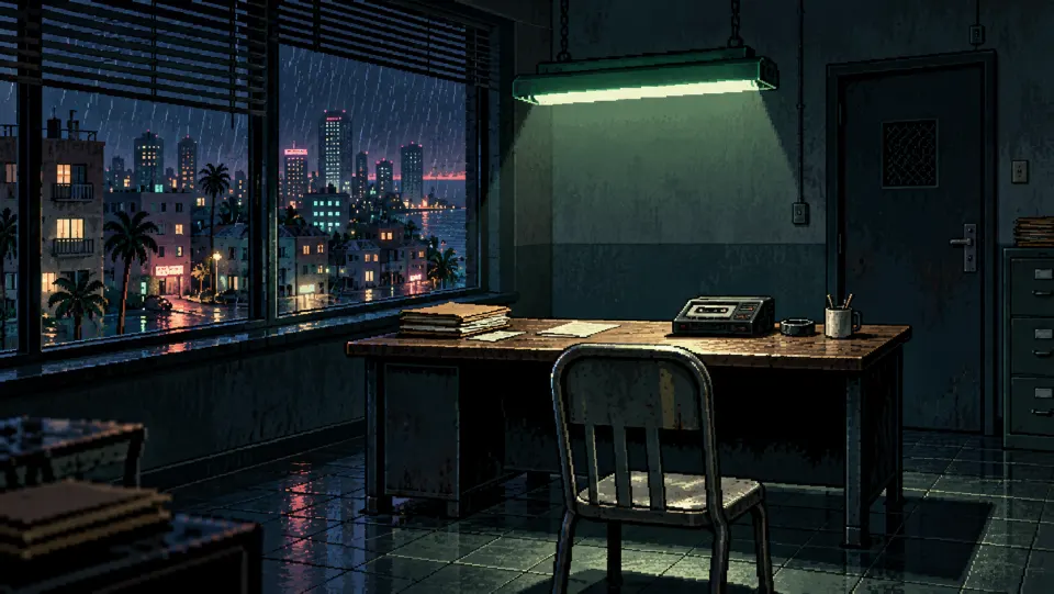Pixel art interrogation room overlooking the rainy city